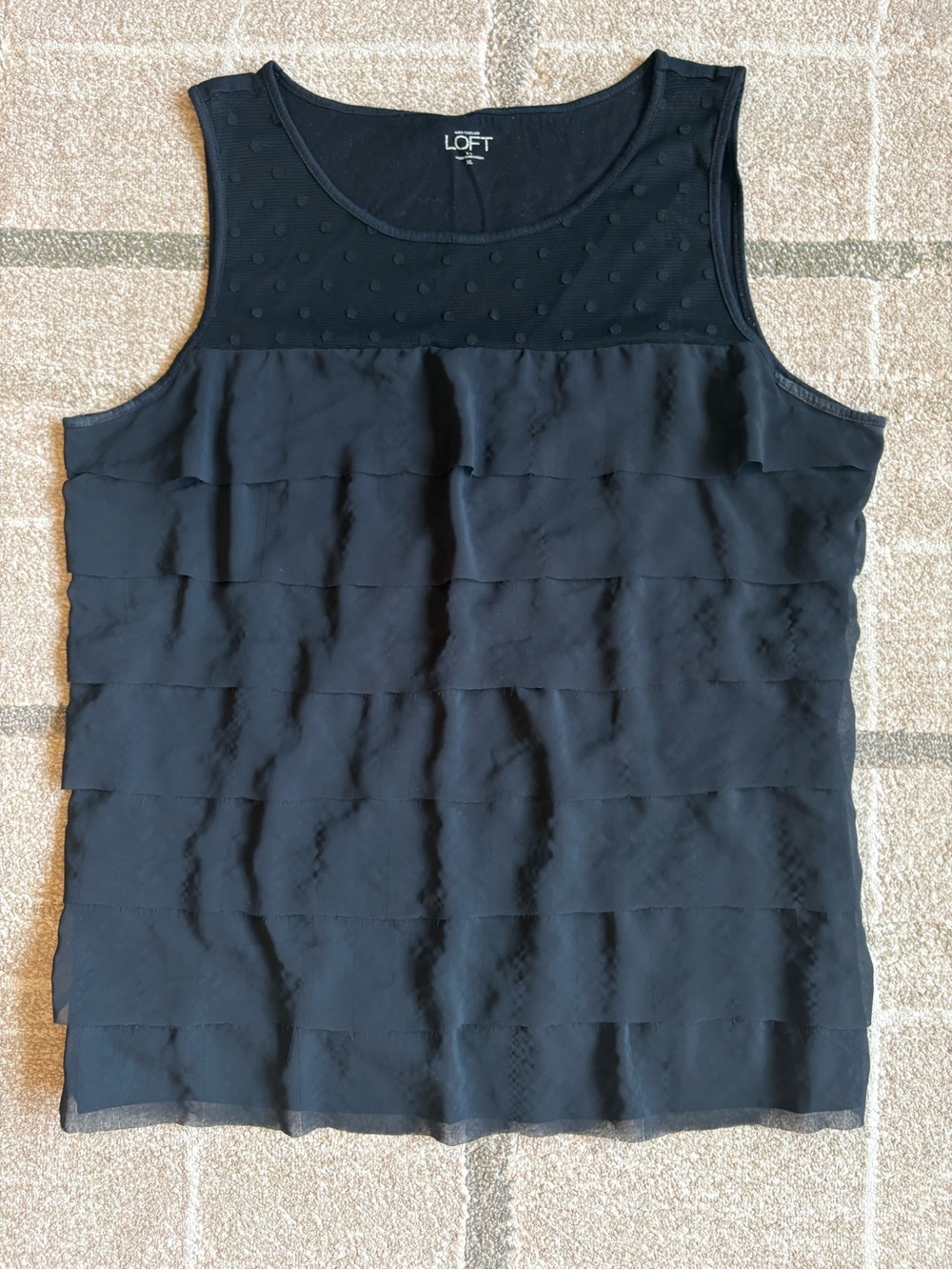 LOFT tiered tank top ruffled front with dotted mesh yolk black XL